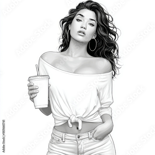Seductive Woman, confident and stylish, fashion portrait, holding a drink cup on a white background