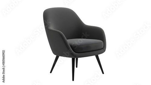 Modern Dark Gray Upholstered Armchair with Sleek Black Legs on transparent Background