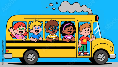 Happy children on a yellow school bus illustration, cartoon style