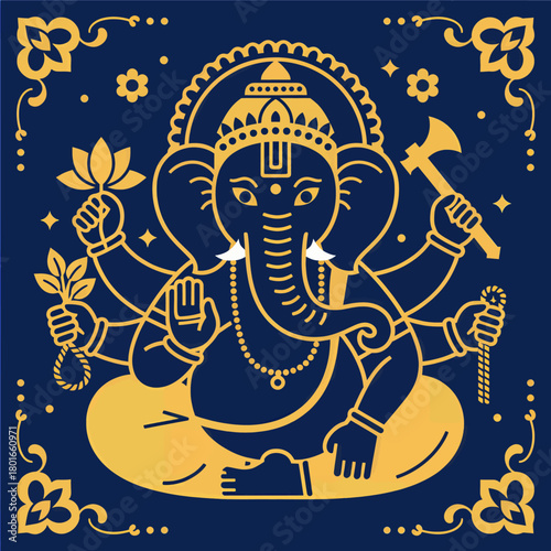 Hindu deity Ganesha, golden illustration, minimal style, isolated