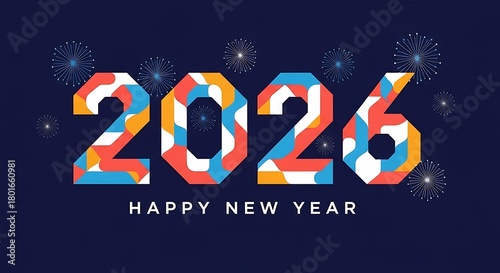 Vibrant and celebratory 2026 happy new year graphic with colorful geometric patterns and sparkling fireworks on a dark blue background perfect for festive greetings and event promotions