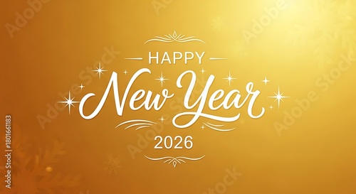 Elegant and festive happy new year 2026 lettering in a beautiful golden gradient background with subtle light flares and decorative flourishes perfect for celebratory invitations and greetings