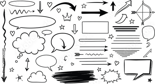 Collection of hand drawn doodle elements including arrows speech bubbles stars hearts and geometric shapes for design