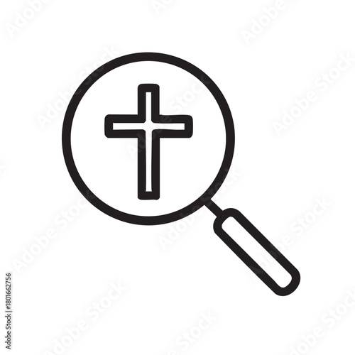 A simple black and white line drawing depicts a magnifying glass focusing on a christian cross symbol