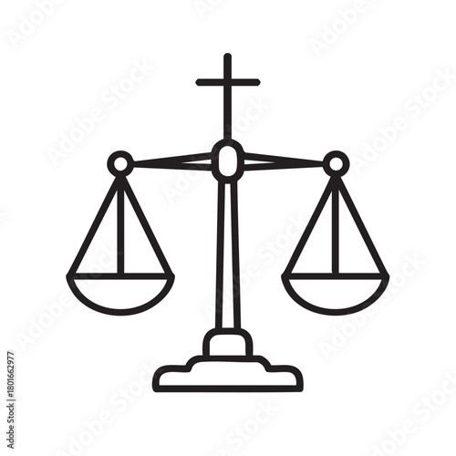 a simple black and white illustration depicts a classic scale of justice symbolizing fairness and legal concepts