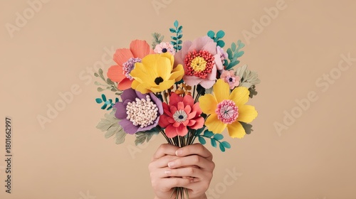 women's hands hold colorful craft bouquets or paper flowers on  beige background