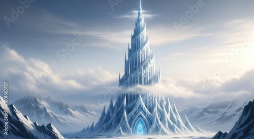 Majestic Ice Castle Towering Over Snowy Mountain Landscape.