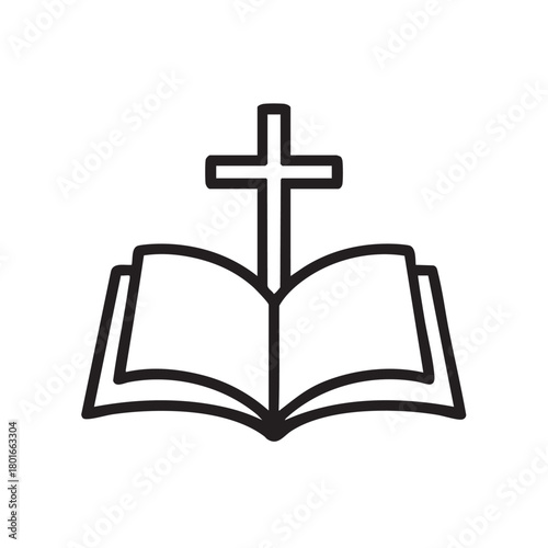A simple black and white line drawing depicts an open bible with a christian cross positioned above it