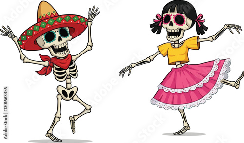 Cartoon Mexican skeletons dancing in traditional costume with sombrero and dress, colorful Día de los Muertos celebration vector illustration for stock
