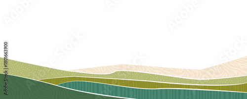 Agriculture farm green banner. Organic abstract field background. Wavy green lines, advertising backdrop, web header. Ecology wallpaper. Striped textured pattern. Panoramic meadow view, abstract hill