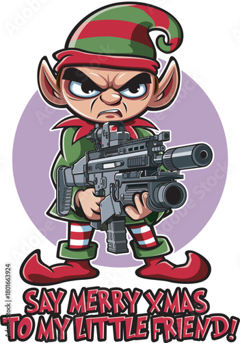 Christmas elf pointing assault rifle with grenade launcher