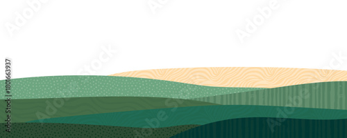 Green farm, abstract agriculture, garden template, field layout vector textured illustration. Green nature pattern, crop, hill, mountains. Ecological wavy ornament, eco header, sustainable scenic view