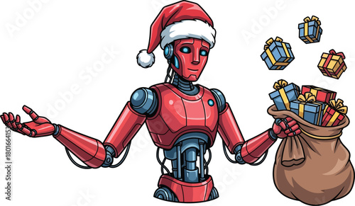 Robot wearing santa hat holding bag of gifts isolated on white background