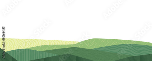 Agriculture farm green banner. Organic abstract field background. Wavy green lines, advertising backdrop, web header. Ecology wallpaper. Striped textured pattern. Panoramic meadow view, abstract hill