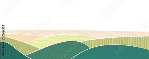 Abstract spring field landscape vector background. Eco farm, green agriculture, summer nature pattern, countryside with scribble texture. Farmland banner, meadow illustration, grassland horizon scene