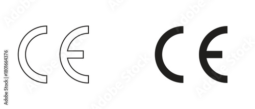 Vector Shape Graphic Design Illustration Element Icon Set with CE Certification Symbols in Outline and Solid Styles, Isolated Compliance Mark Collection for Business and Product Use.