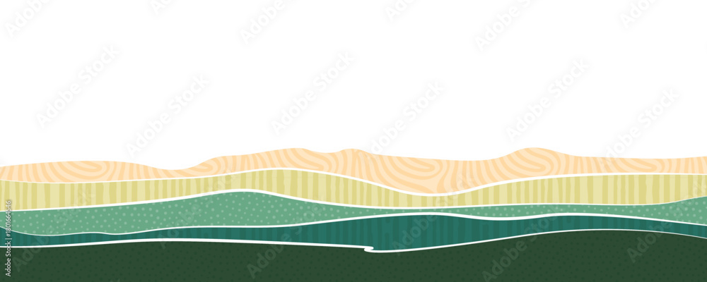 Obraz premium Green abstract agriculture field vector background. Agro banner template, farm presentation header. Horizontal layout with nature theme. Eco wavy shape, agri design. Field view with texture backdrop