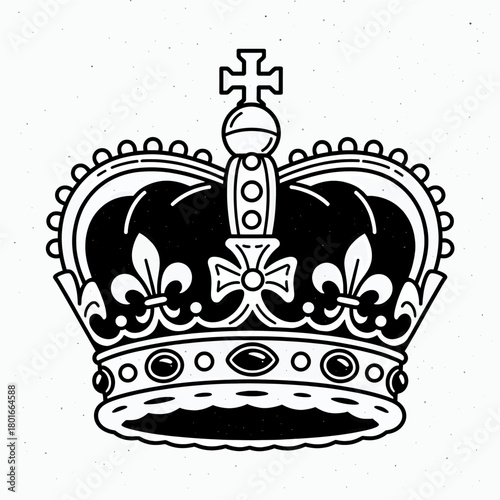 Royal crown illustration, black and white vector design, isolated.