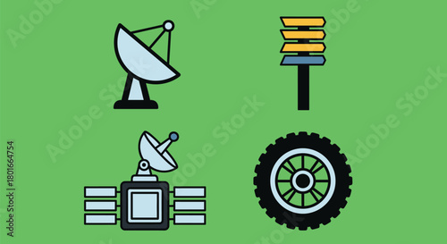 Tech symbols collection featuring satellite dish and tire wheel icons