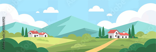 Rural landscape with houses, flat colorful countryside scene