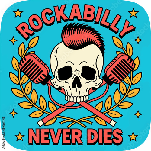 Rockabilly skull with microphones, vibrant retro emblem illustration