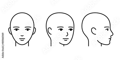 Head full face, profile line icon. Unisex head template rotate without hair. Vector isolated illustration