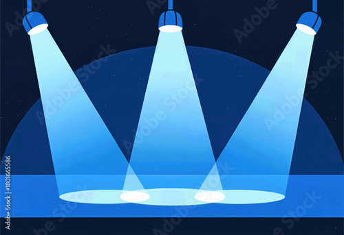 Spotlights shining on stage, minimal blue vector illustration