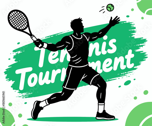 Tennis player serving ball, dynamic silhouette, tournament design