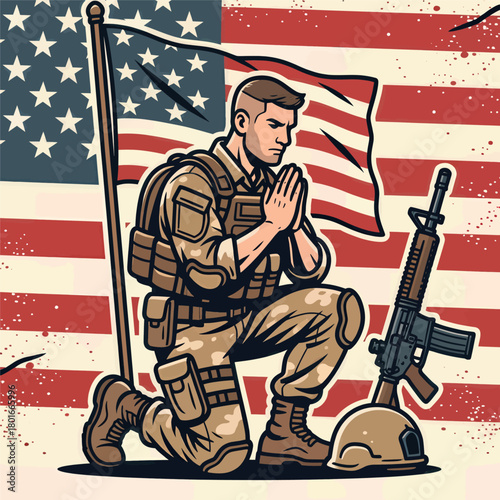 Soldier kneeling with American flag, military tribute illustration