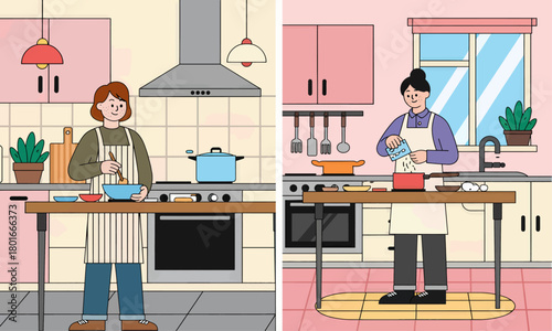 Two people cooking in a modern kitchen, flat design
