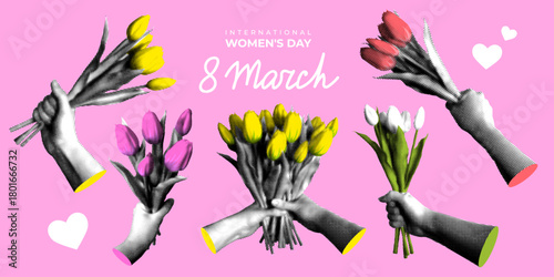 Set of halftone hands holding bouquet of tulips. Collection of female hands with flowers. International women's day. Greeting card for March 8th. Newspaper collage