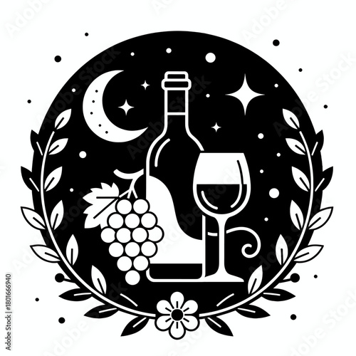 Wine illustration with grapes and glass, minimal night scene with moon