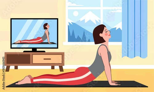 Woman doing yoga at home following TV workout session, modern flat design