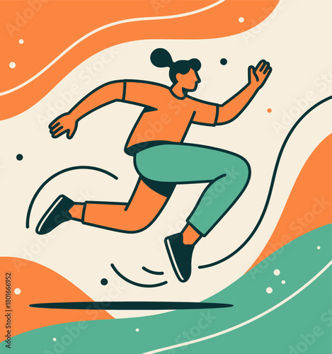 Woman running in mid-air, minimal flat design, dynamic motion