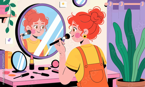 Woman applying makeup in mirror, colorful flat illustration, bedroom scene