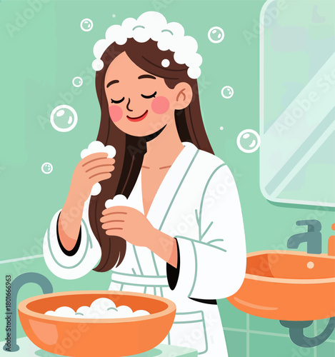 Woman washing hair with shampoo in bathroom flat vector illustration