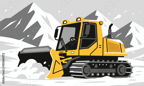 Yellow snowplow clearing snow, flat vector illustration, winter scene