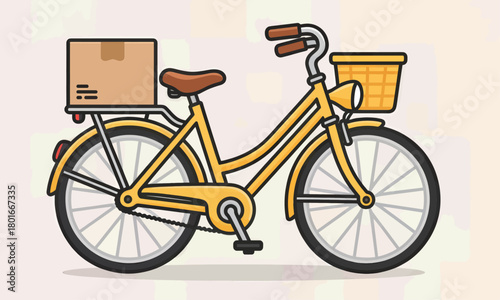Yellow bicycle with basket and box flat vector illustration isolated