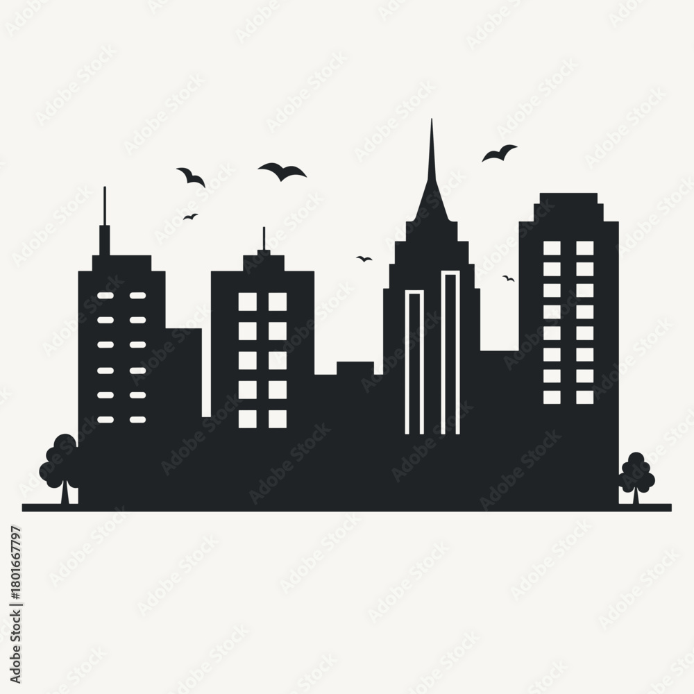 Naklejka premium City skyline silhouette showcases urban buildings in simple design. City skyline includes skyscrapers, apartments, and city infrastructure against plain background.