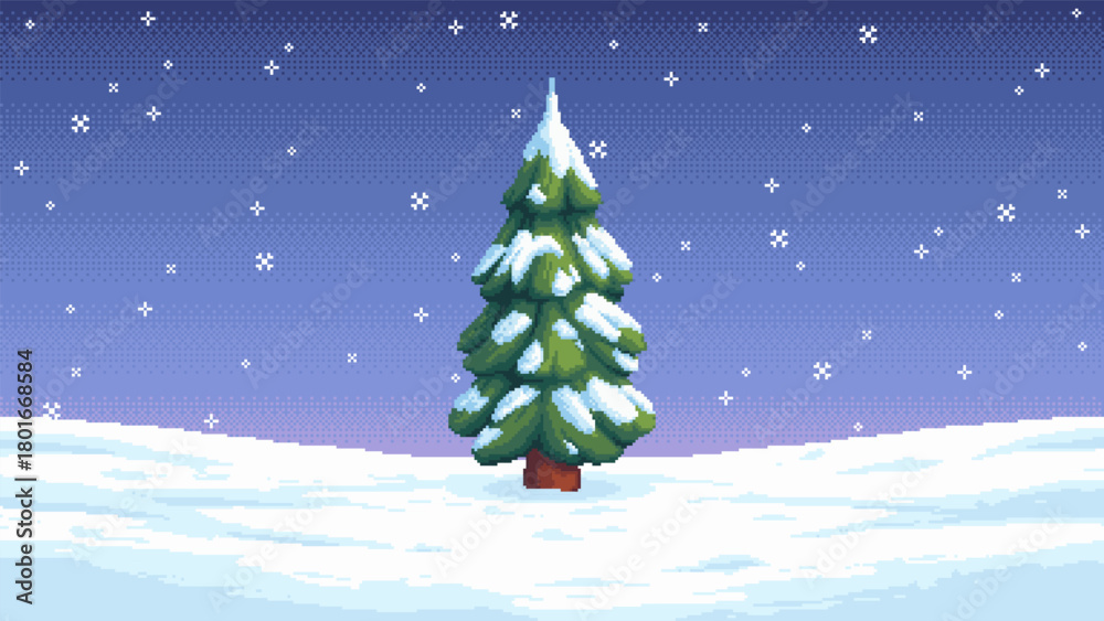 Fototapeta premium Pixel art winter tree in snowy landscape