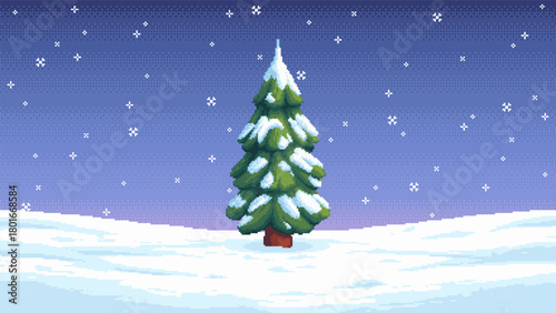 Pixel art winter tree in snowy landscape