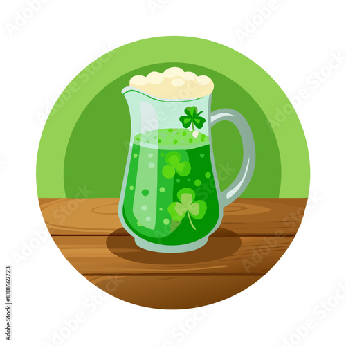 Jarra de cerveza de cristal con cerveza verde y un trébol grabado, símbolo típico de la fiesta de san patricio irlandesa, sobre superficie de madera y fondo verde con bokeh en movimiento See Less