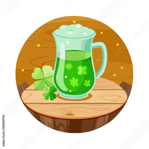 Jarra de cerveza de cristal con cerveza verde y un trébol grabado, símbolo típico de la fiesta de san patricio irlandesa, sobre superficie de madera y fondo verde con bokeh en movimiento See Less