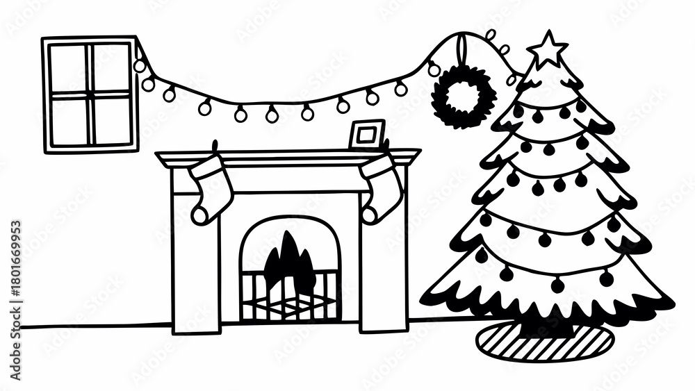 Naklejka premium Cozy Christmas living room with a glowing fireplace and decorated tree 