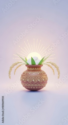 Traditional pongal pot with rice, sugarcane, turmeric plant and coconut. Harvest festival.