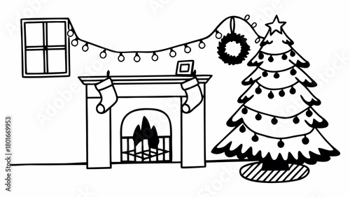 Cozy Christmas living room with a glowing fireplace and decorated tree
