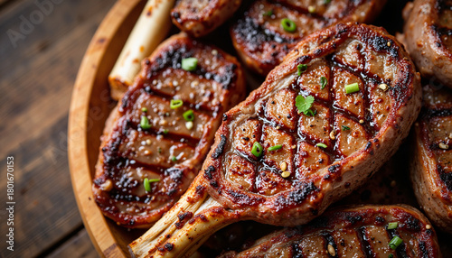 Grilled Tomahawk steak  served on a wooden platter with green onions  