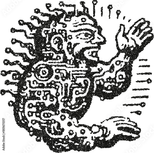 Bizarre humanoid character or ancient deity made of electronic circuits. A primitive-futuristic waving alien illustration in a stipple vector style.
