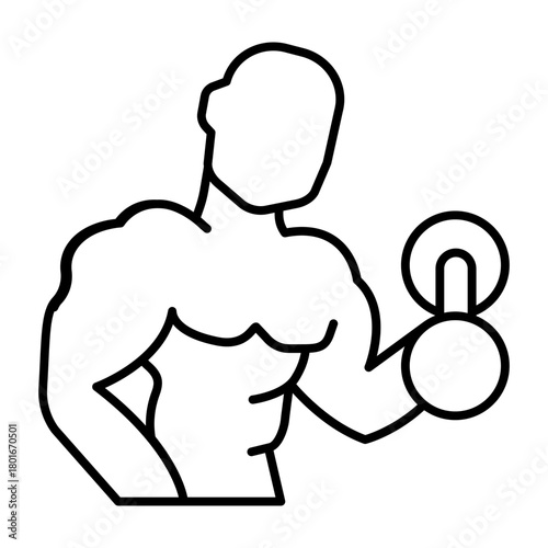 Muscular man with dumbbell thin line icon, body building concept. Vector graphics. Athlete with body muscles, training sign on white background, style icon mobile or web design.