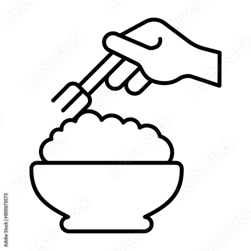 Bowl of porridge and hand with fork thin line icon, athlete diet food concept. Vector graphics. Porridge dish for body mass sign on white background, style icon mobile or web design.
